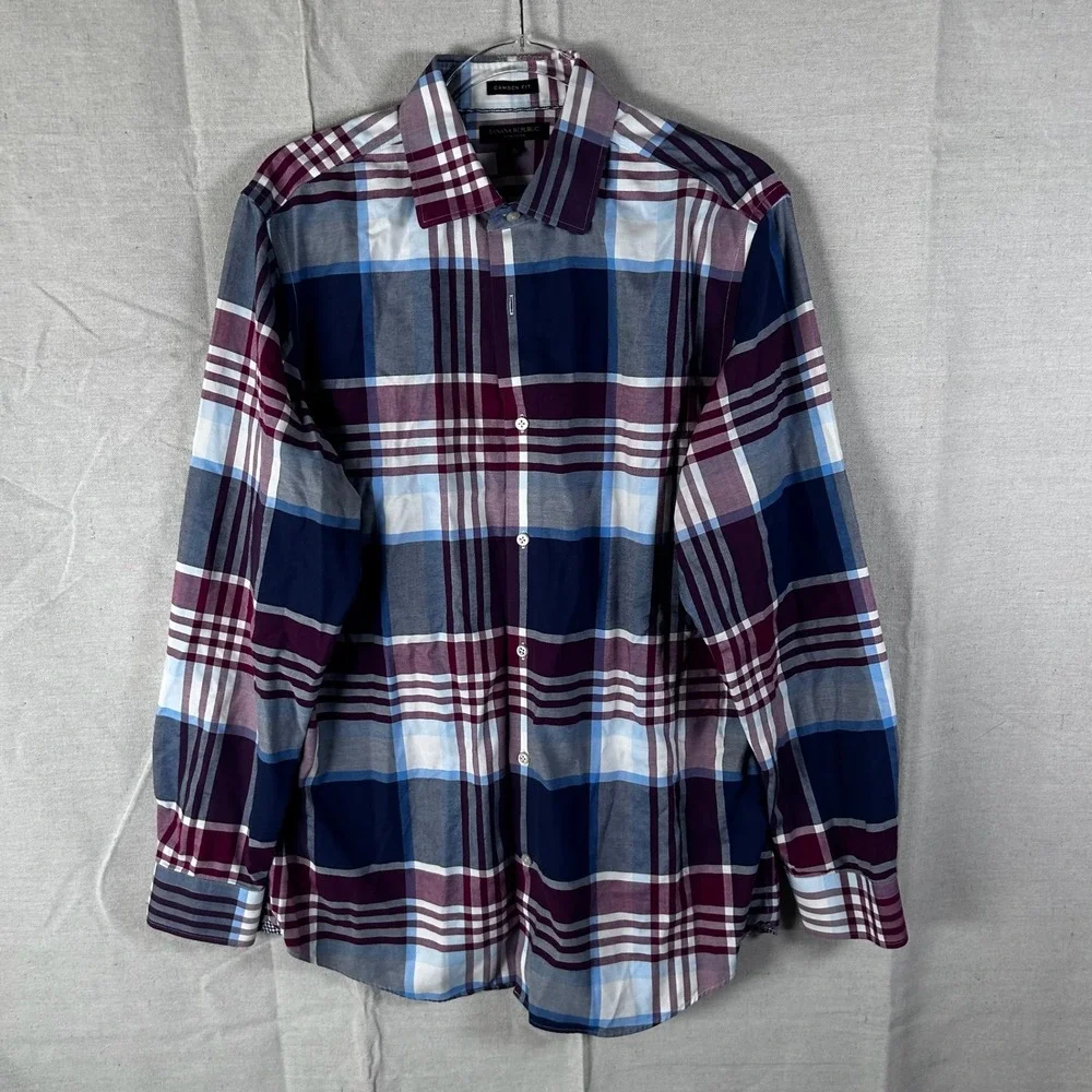 Banana Republic Camden Fit Non-Iron Plaid Button Down Shirt Mens L Burgundy Blue